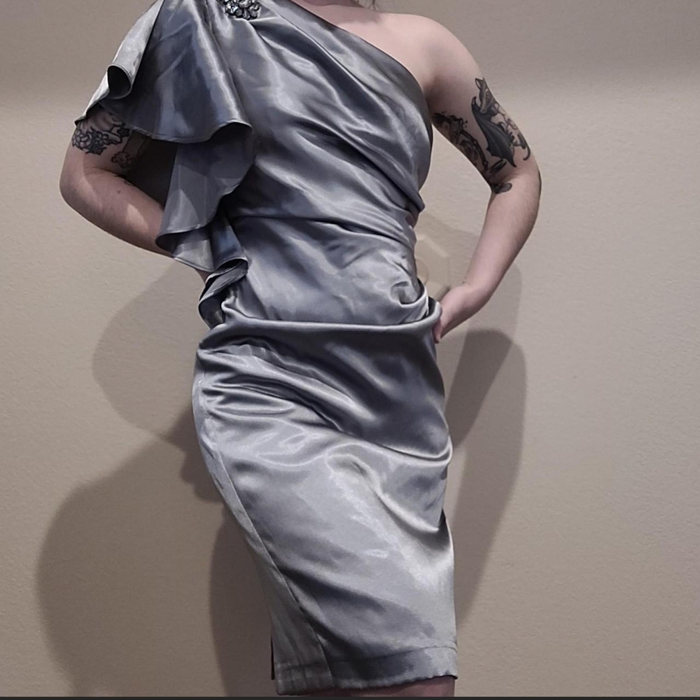 David's Bridal One-Shoulder Silver Dress